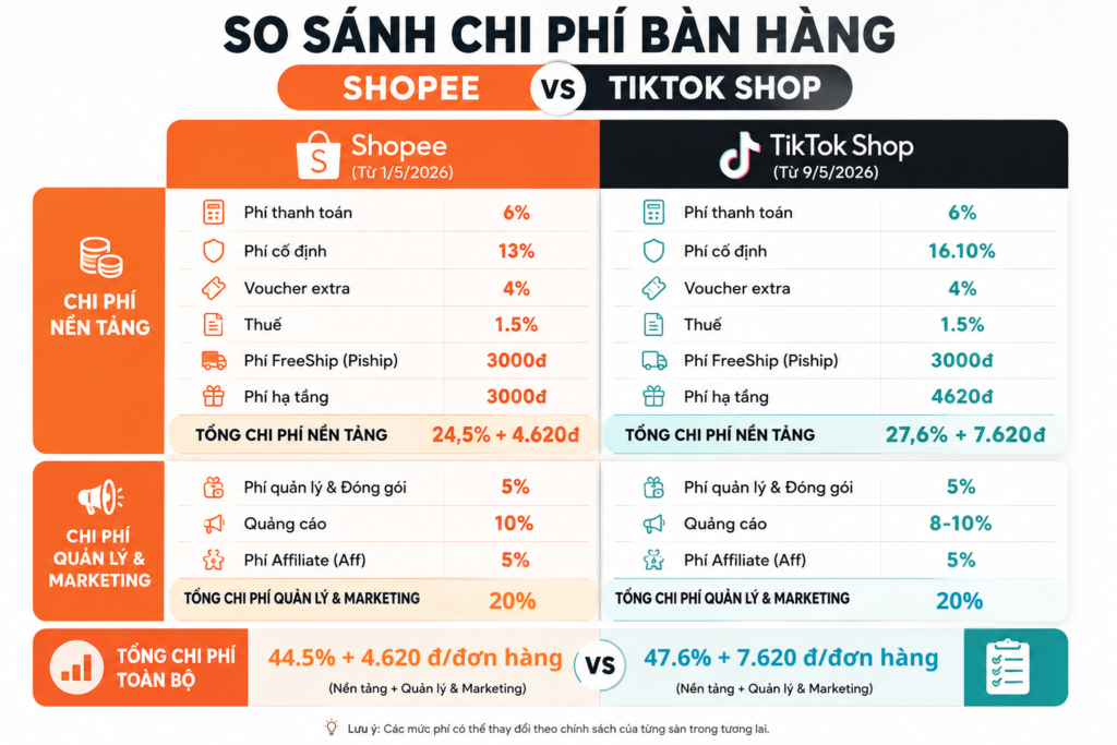 Chi phí bán hàng của shopee và tiktok shop mới nhất