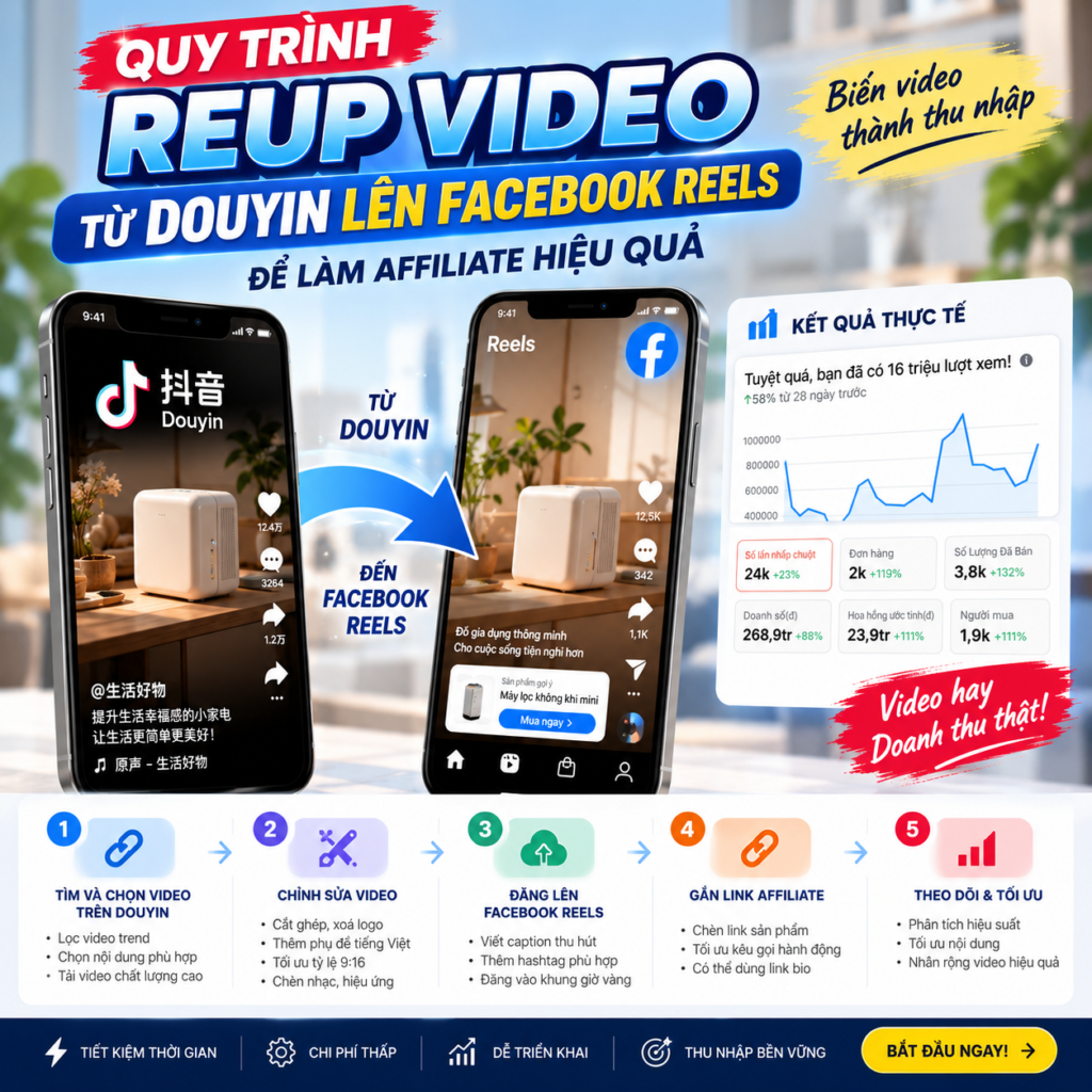 Quy Trình Reup Video Từ Douyin Lên Facebook Reels Để Làm Affiliate Hiệu Quả